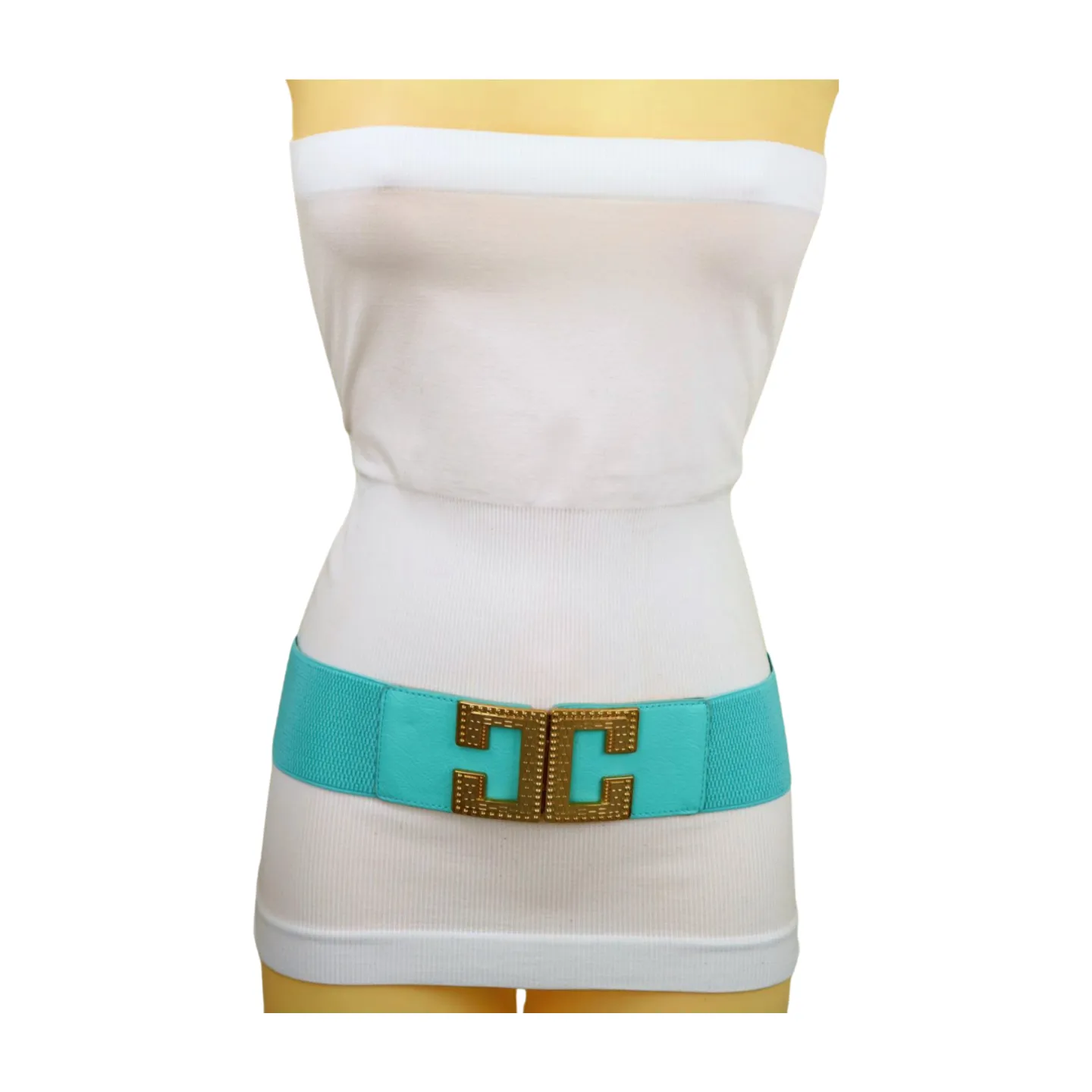 Women Mint Green Shade Elastic Wide Belt Metal C Buckle Adjustable Size S M