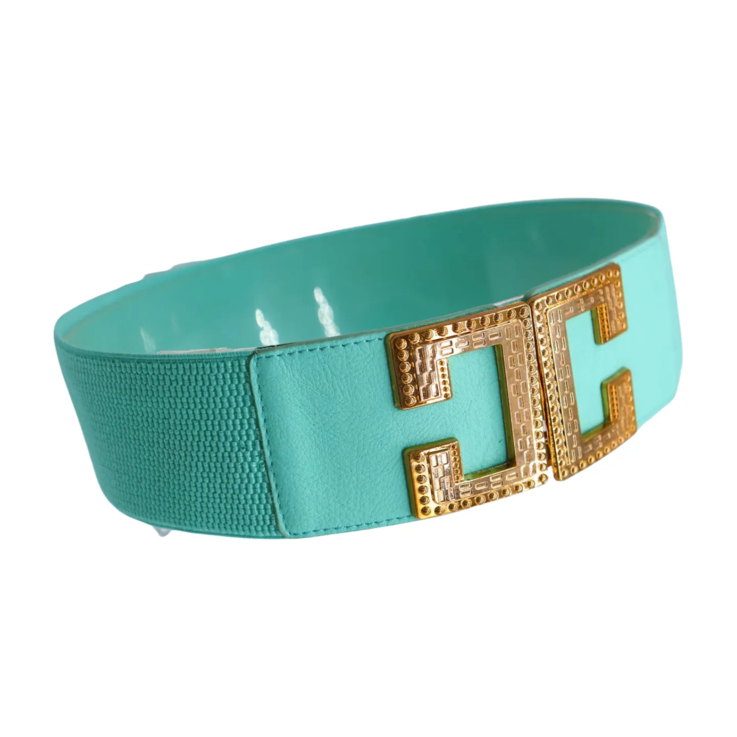 Women Mint Green Shade Elastic Wide Belt Metal C Buckle Adjustable Size S M
