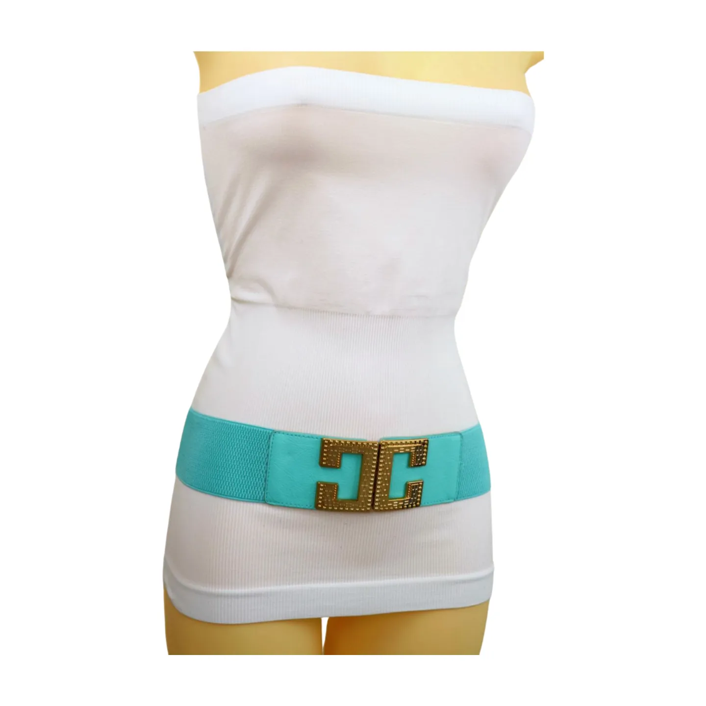 Women Mint Green Shade Elastic Wide Belt Metal C Buckle Adjustable Size S M