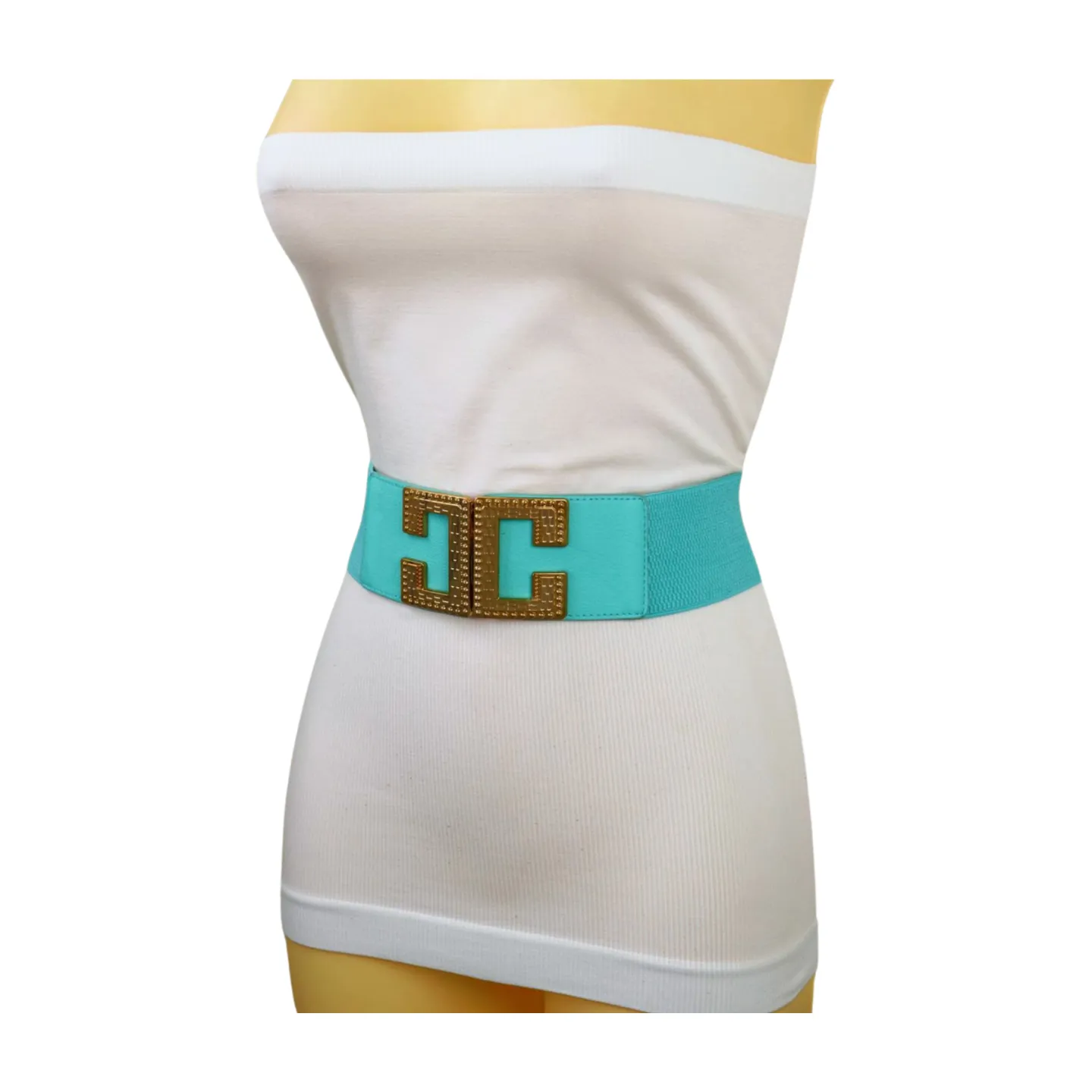 Women Mint Green Shade Elastic Wide Belt Metal C Buckle Adjustable Size S M