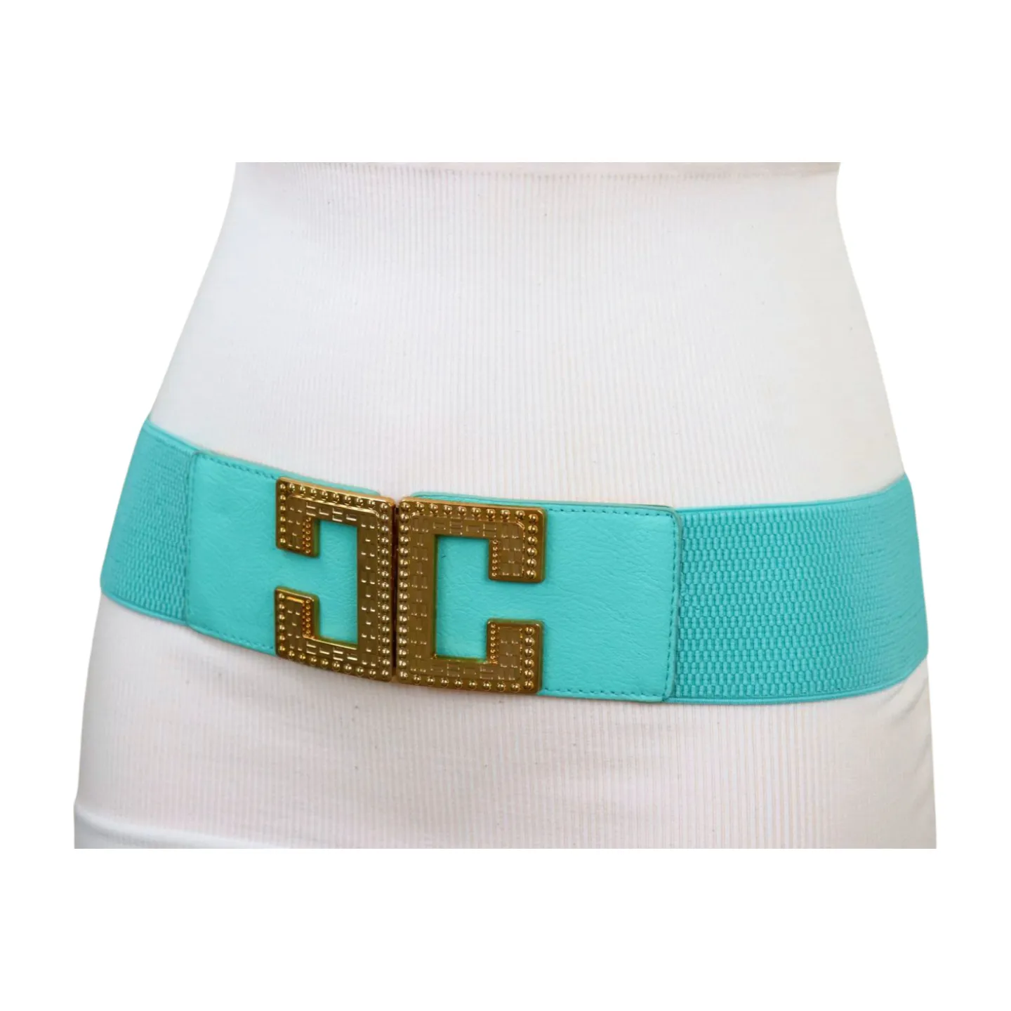 Women Mint Green Shade Elastic Wide Belt Metal C Buckle Adjustable Size S M