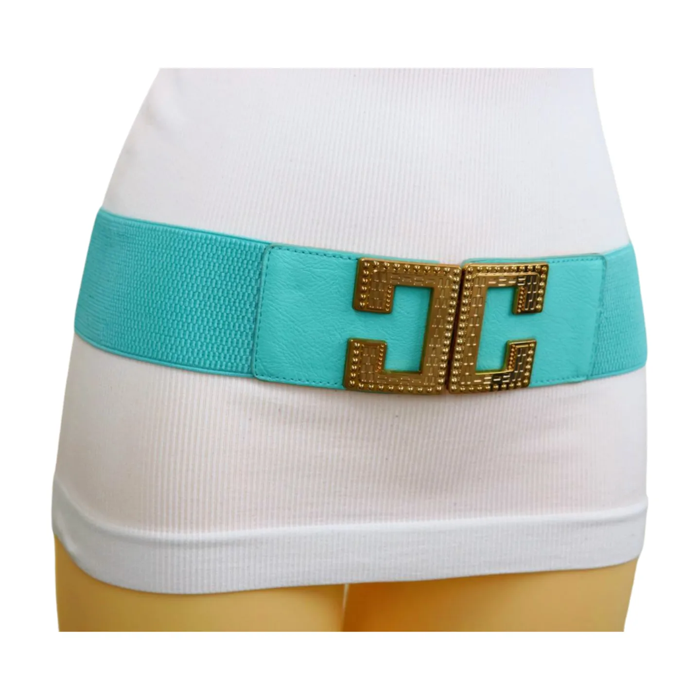 Women Mint Green Shade Elastic Wide Belt Metal C Buckle Adjustable Size S M