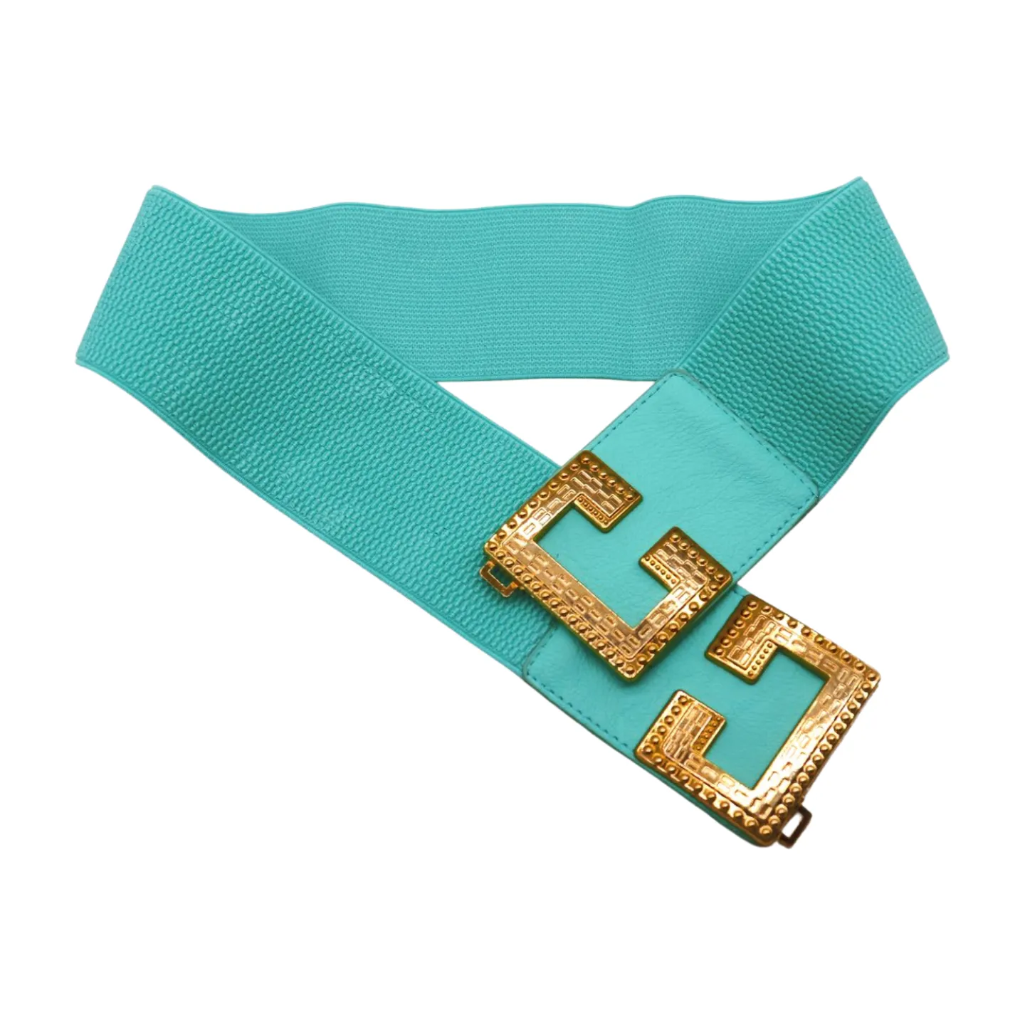 Women Mint Green Shade Elastic Wide Belt Metal C Buckle Adjustable Size S M