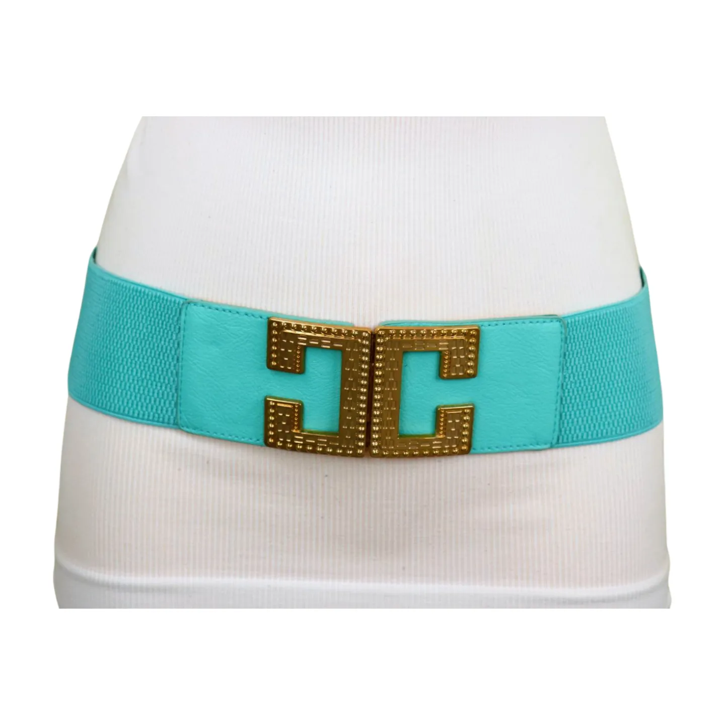 Women Mint Green Shade Elastic Wide Belt Metal C Buckle Adjustable Size S M