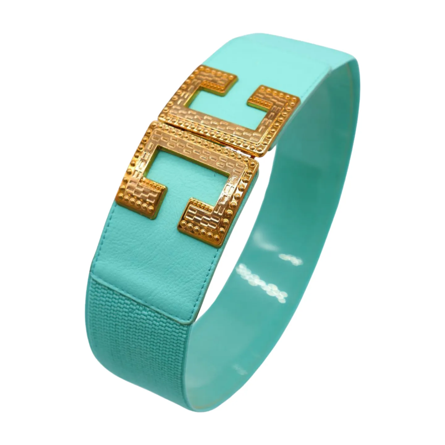 Women Mint Green Shade Elastic Wide Belt Metal C Buckle Adjustable Size S M