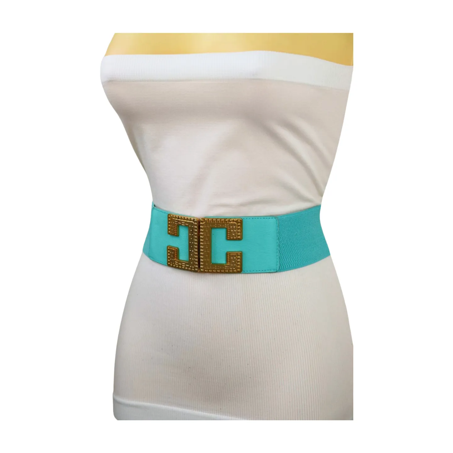 Women Mint Green Shade Elastic Wide Belt Metal C Buckle Adjustable Size S M