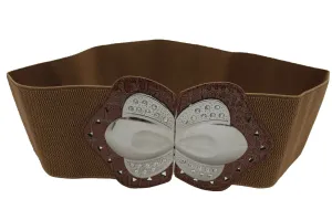 Women Mocha Brown Belt Elastic Fashion Hip High Waist Silver Metal Buckle M L XL
