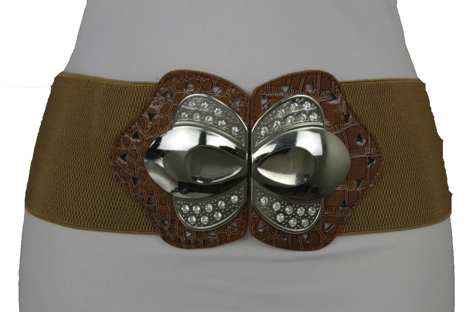 Women Mocha Brown Belt Elastic Fashion Hip High Waist Silver Metal Buckle M L XL