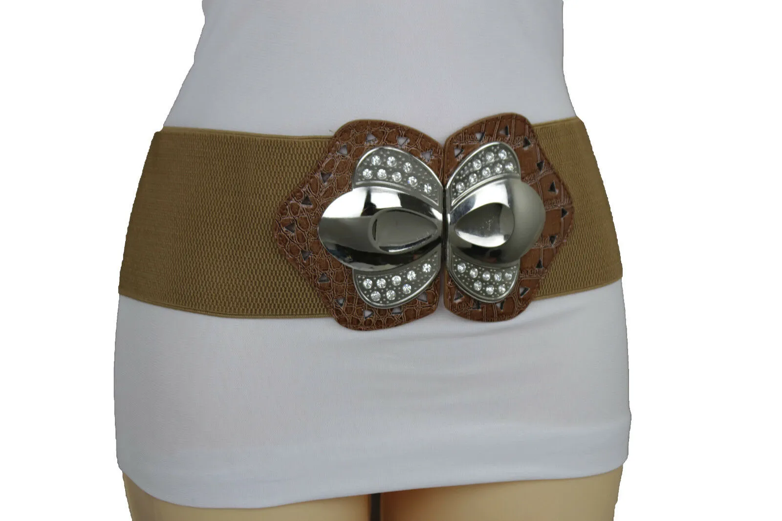 Women Mocha Brown Belt Elastic Fashion Hip High Waist Silver Metal Buckle M L XL