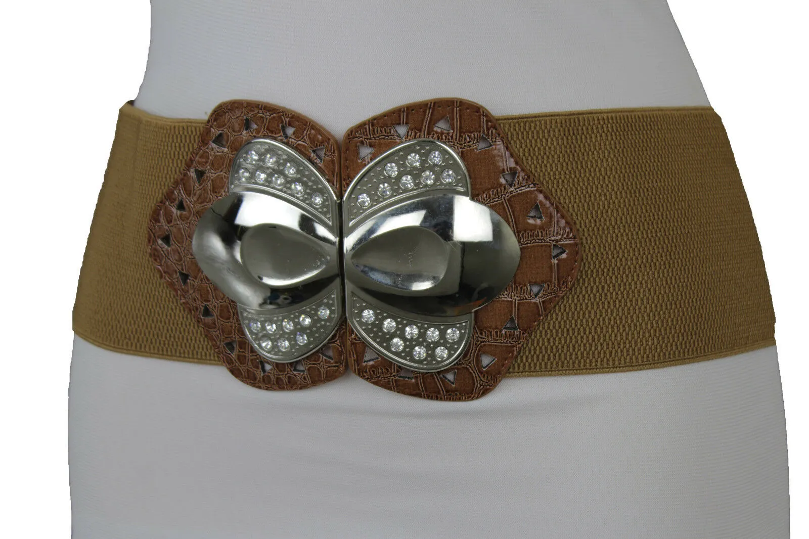 Women Mocha Brown Belt Elastic Fashion Hip High Waist Silver Metal Buckle M L XL