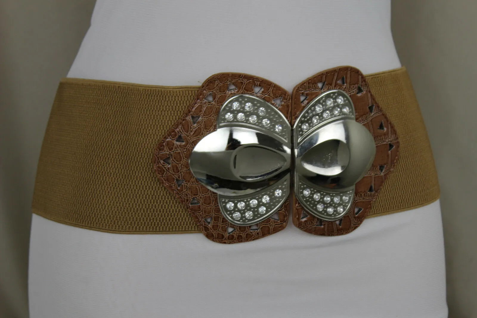 Women Mocha Brown Belt Elastic Fashion Hip High Waist Silver Metal Buckle M L XL