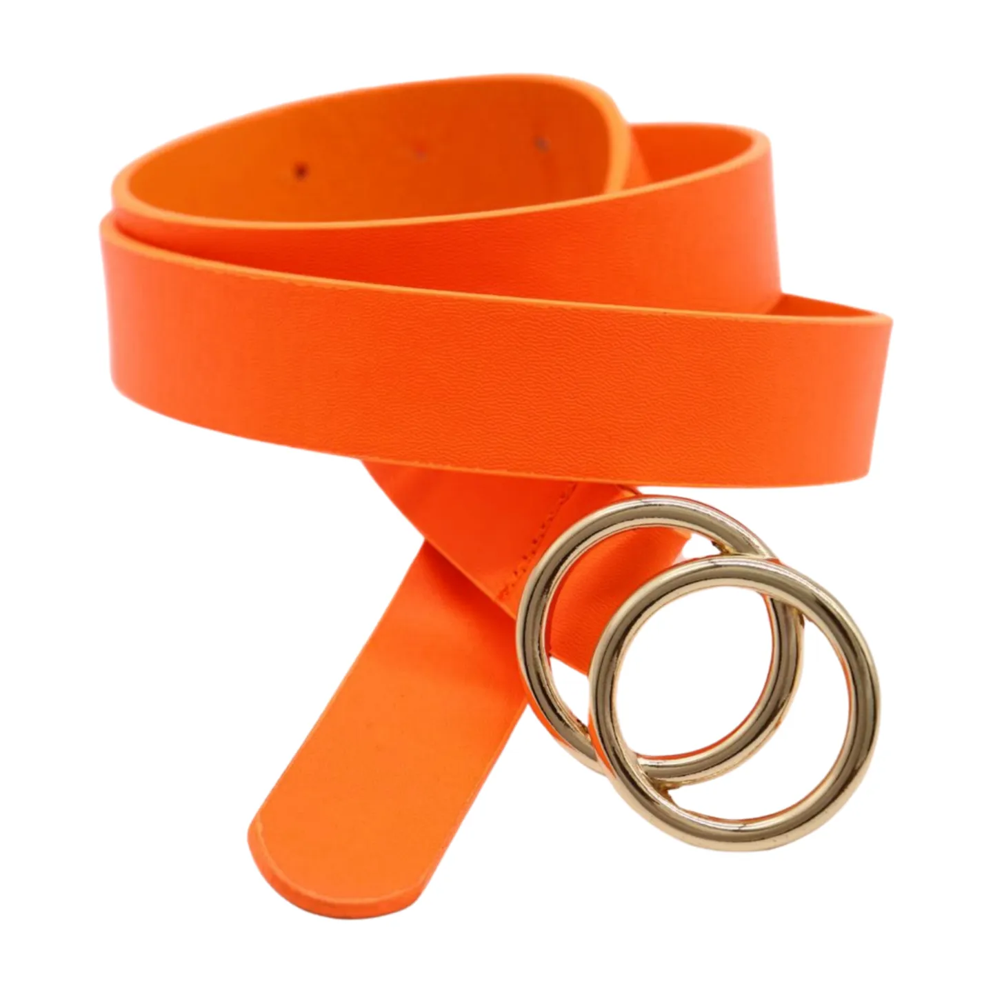 Women Neon Orange Faux Leather Skinny Fashion Belt Gold Metal Circles Buckle S M