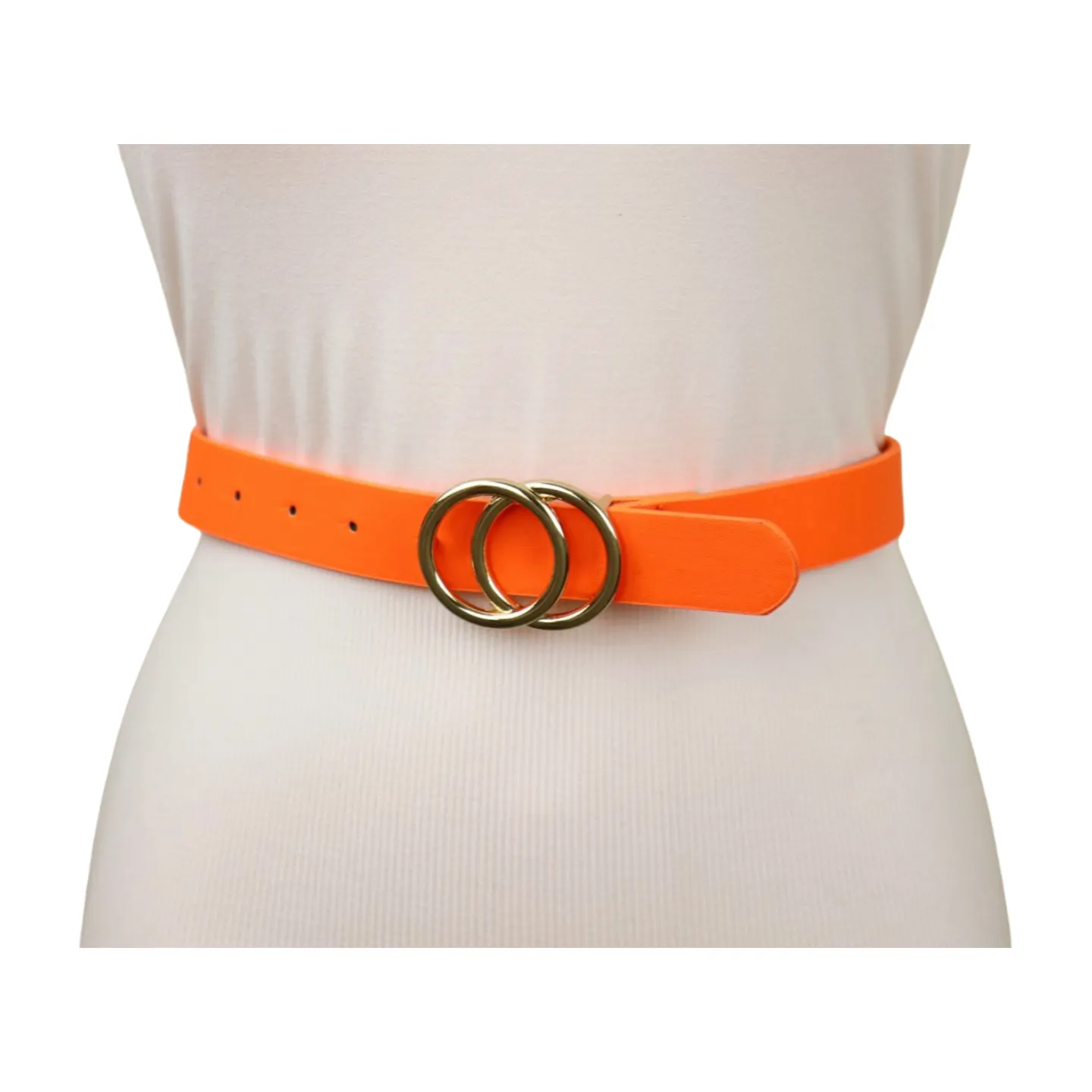 Women Neon Orange Faux Leather Skinny Fashion Belt Gold Metal Circles Buckle S M