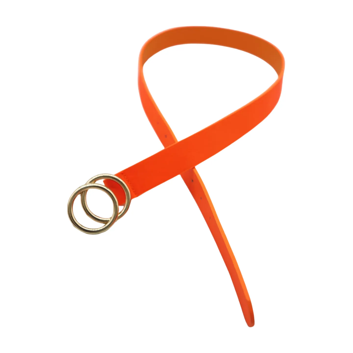 Women Neon Orange Faux Leather Skinny Fashion Belt Gold Metal Circles Buckle S M