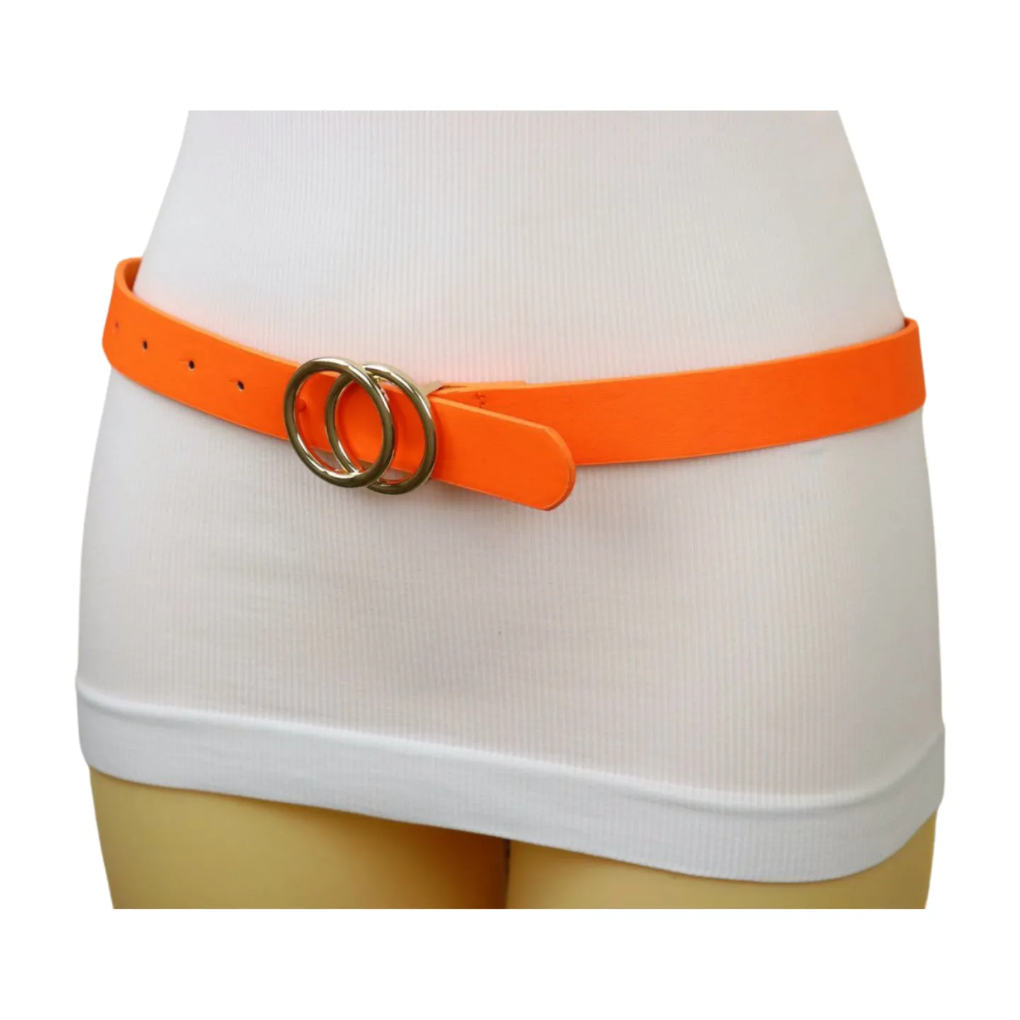 Women Neon Orange Faux Leather Skinny Fashion Belt Gold Metal Circles Buckle S M