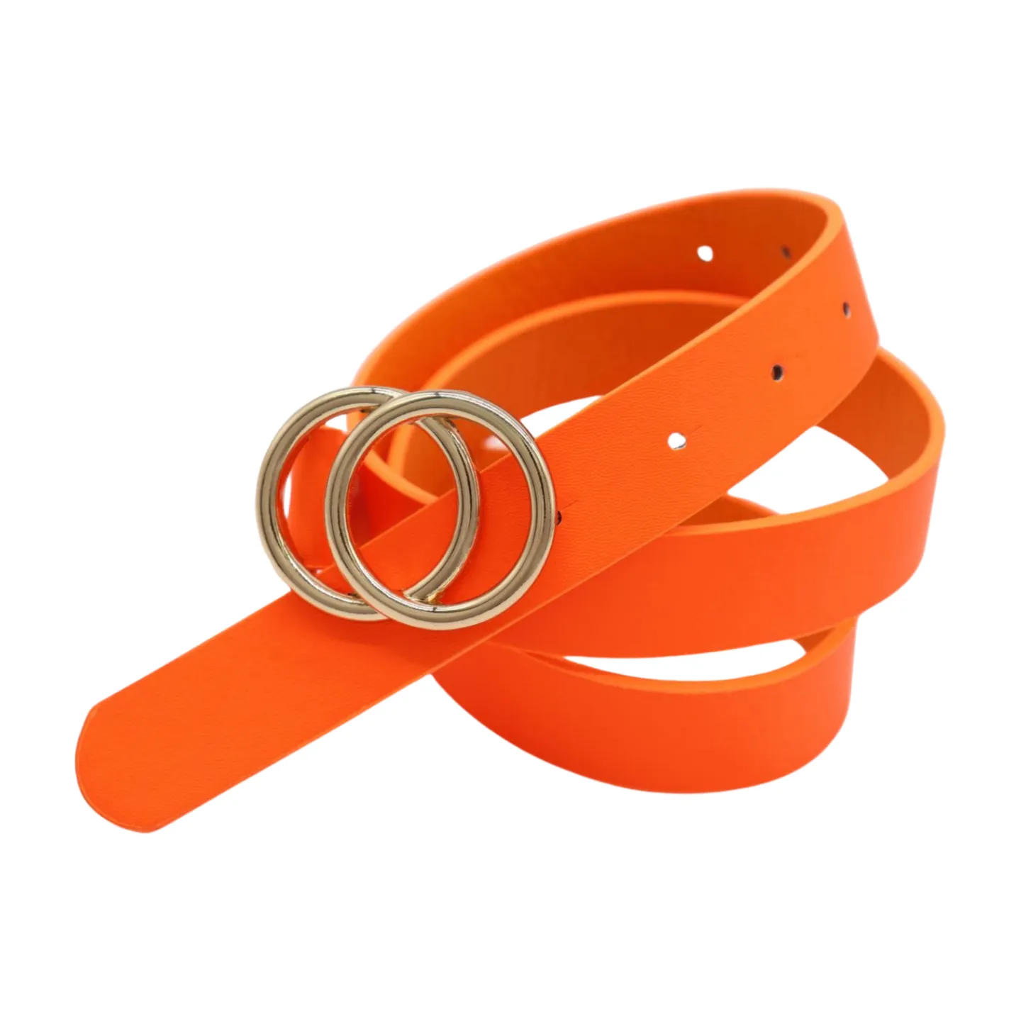 Women Neon Orange Faux Leather Skinny Fashion Belt Gold Metal Circles Buckle S M