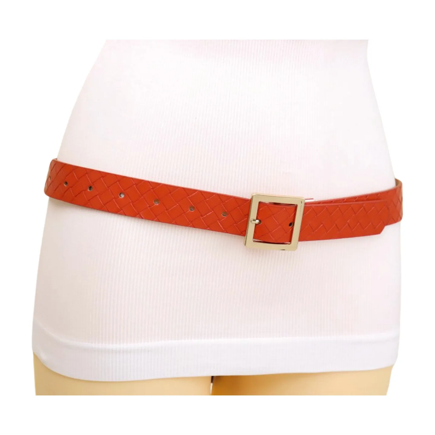 Women Orange Basket Weave Skinny Belt Gold Metal Square Buckle Size S M