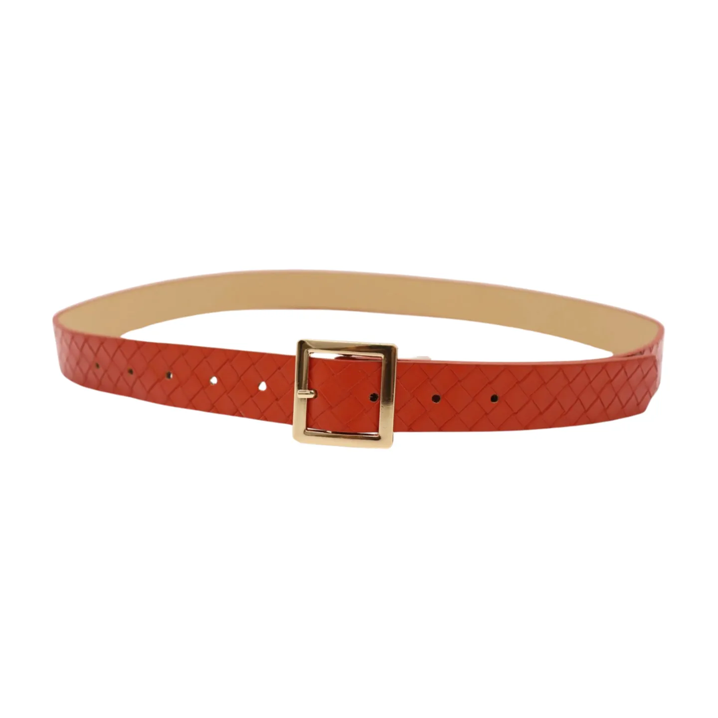 Women Orange Basket Weave Skinny Belt Gold Metal Square Buckle Size S M
