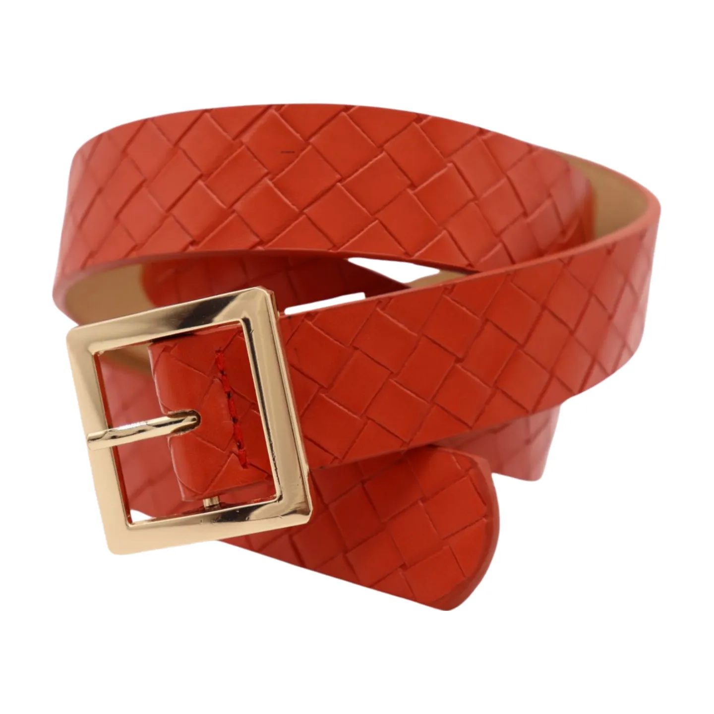 Women Orange Basket Weave Skinny Belt Gold Metal Square Buckle Size S M