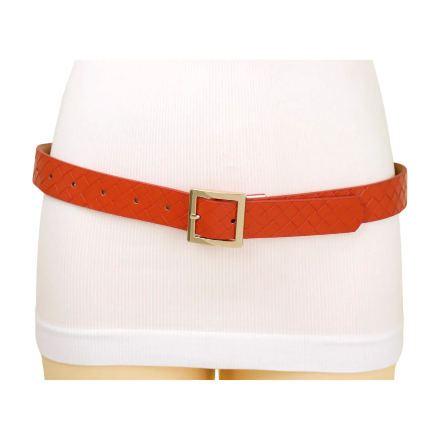 Women Orange Basket Weave Skinny Belt Gold Metal Square Buckle Size S M