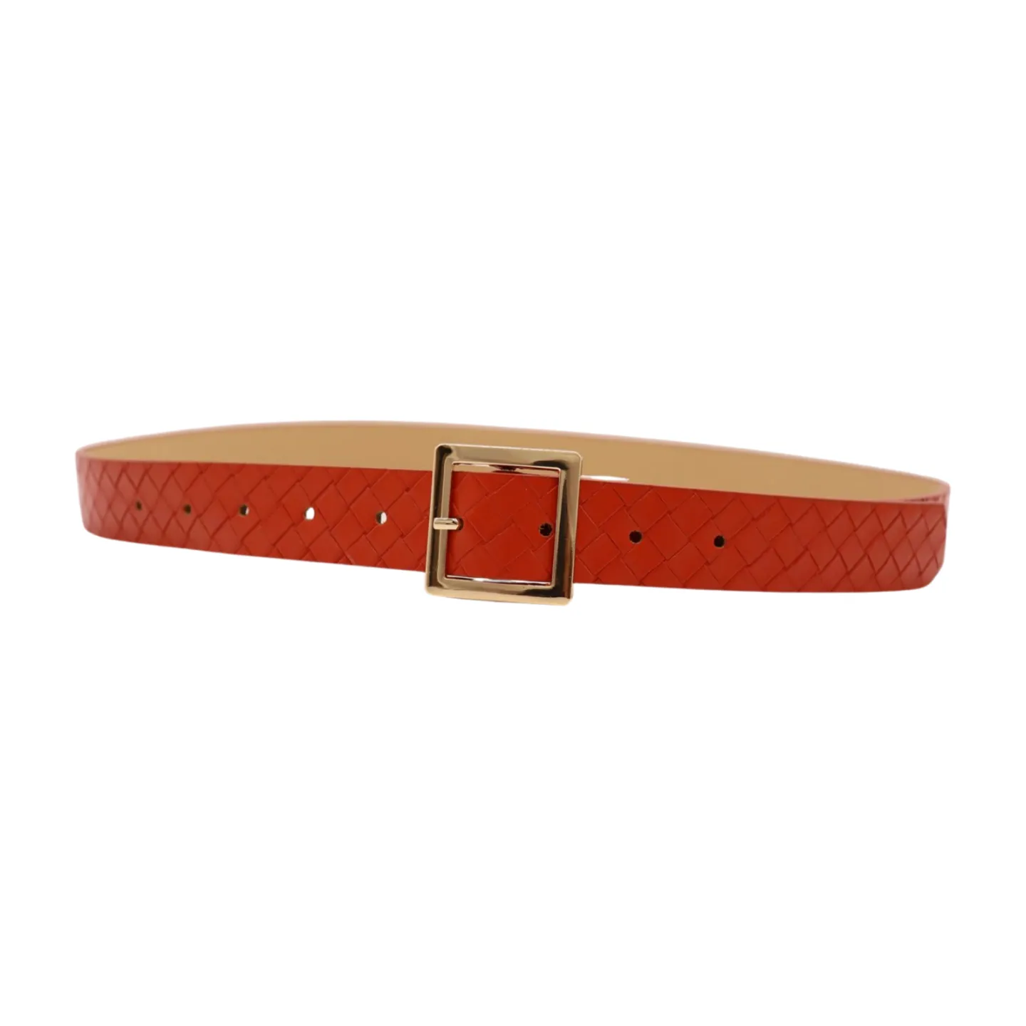 Women Orange Basket Weave Skinny Belt Gold Metal Square Buckle Size S M