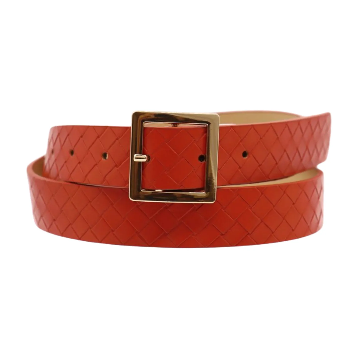 Women Orange Basket Weave Skinny Belt Gold Metal Square Buckle Size S M