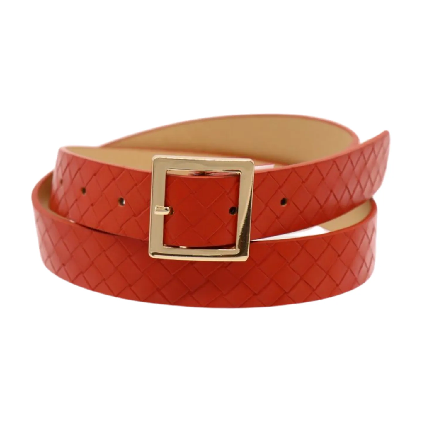 Women Orange Basket Weave Skinny Belt Gold Metal Square Buckle Size S M