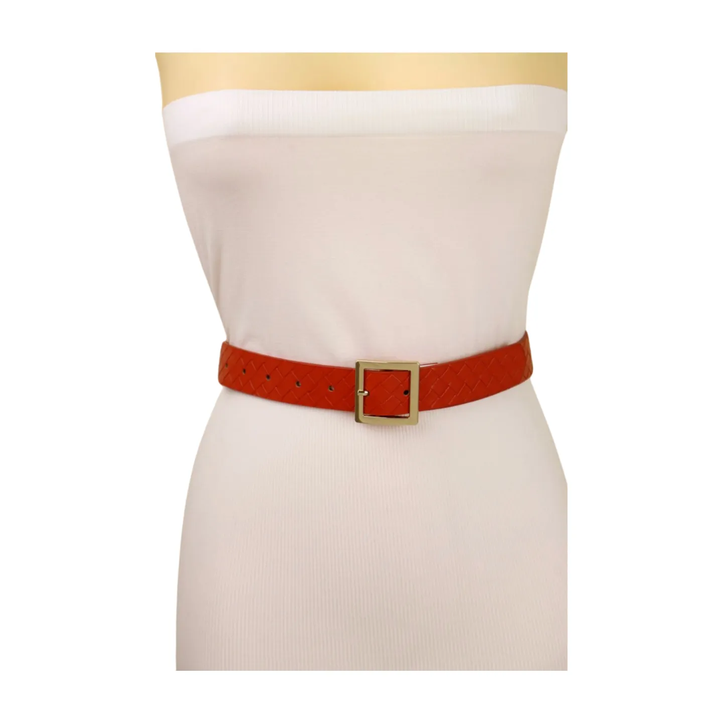 Women Orange Basket Weave Skinny Belt Gold Metal Square Buckle Size S M