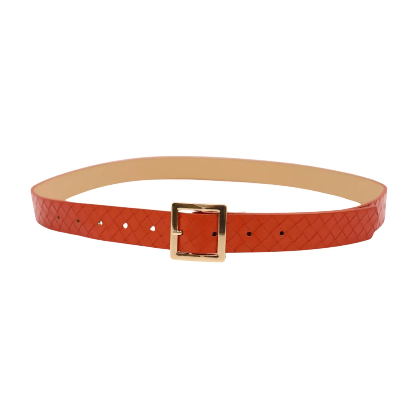 Women Orange Basket Weave Skinny Belt Gold Metal Square Buckle Size S M