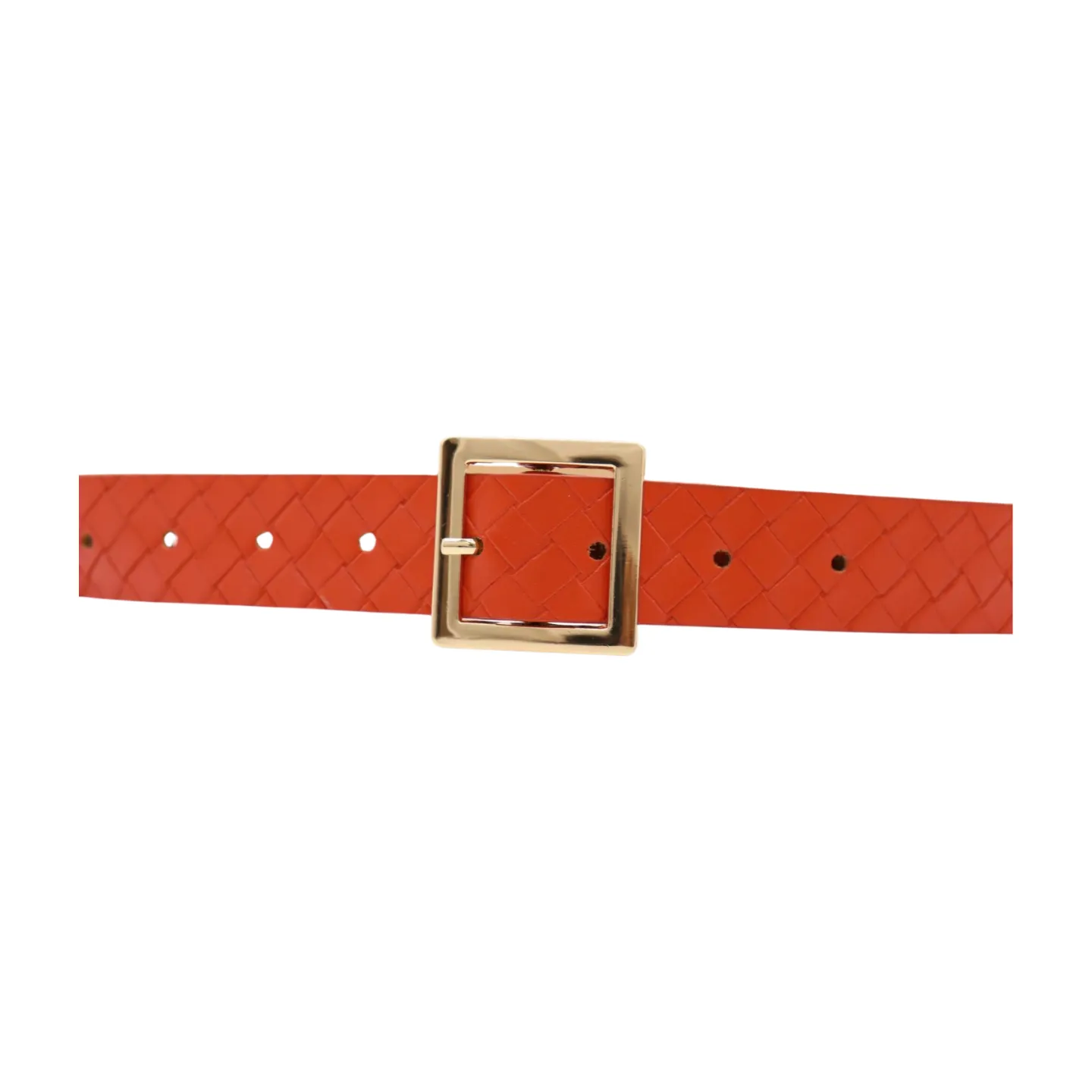 Women Orange Basket Weave Skinny Belt Gold Metal Square Buckle Size S M