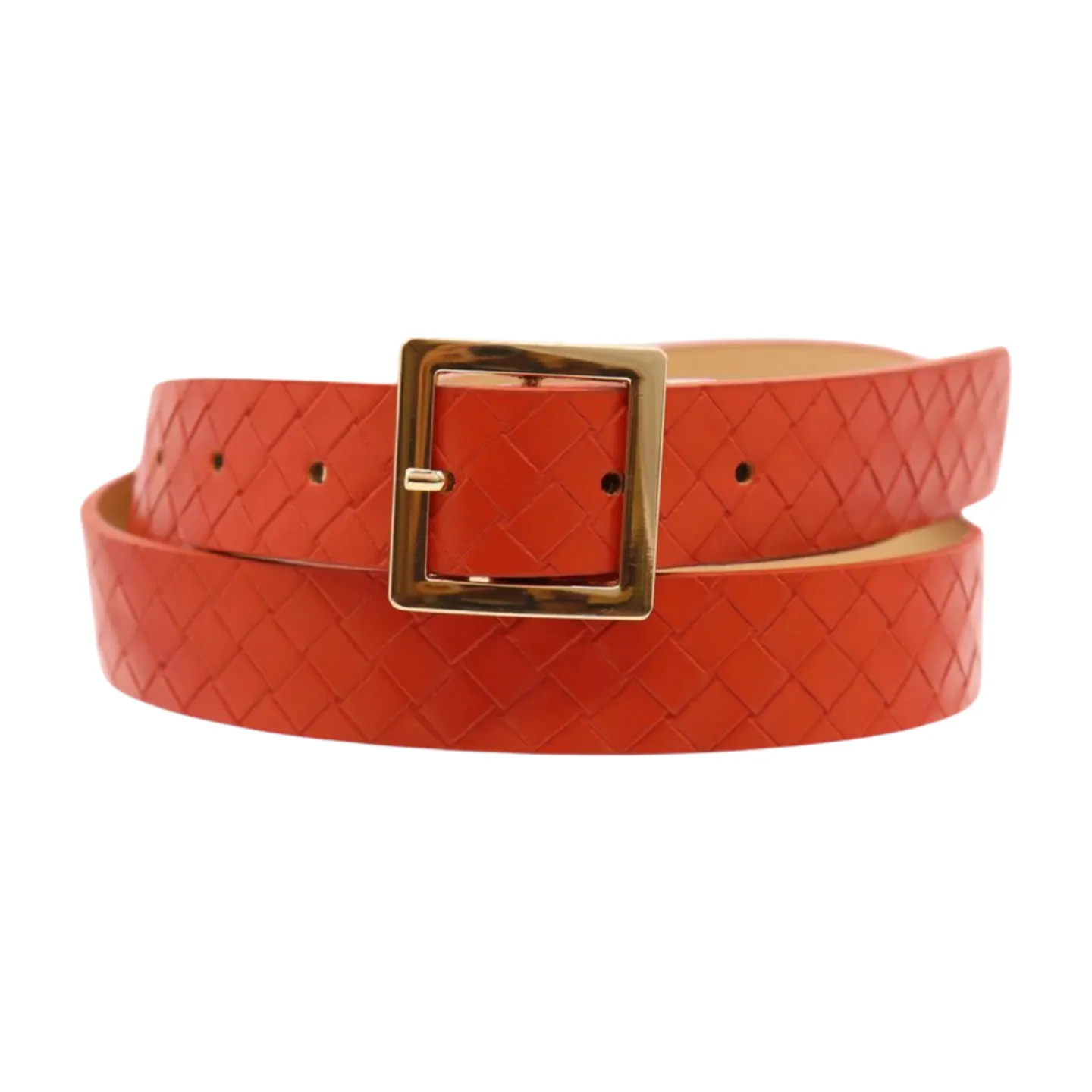 Women Orange Basket Weave Skinny Belt Gold Metal Square Buckle Size S M