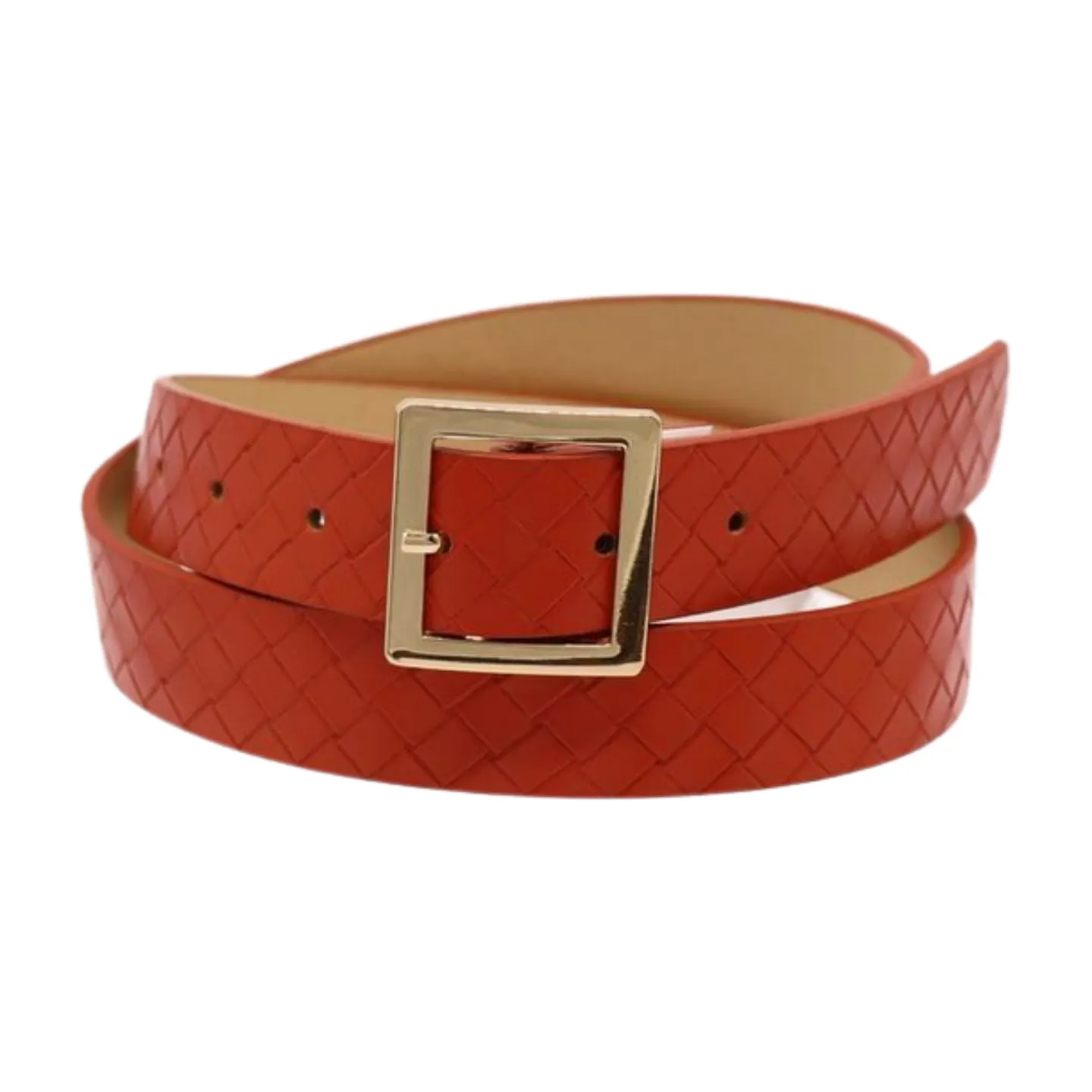 Women Orange Basket Weave Skinny Belt Gold Metal Square Buckle Size S M