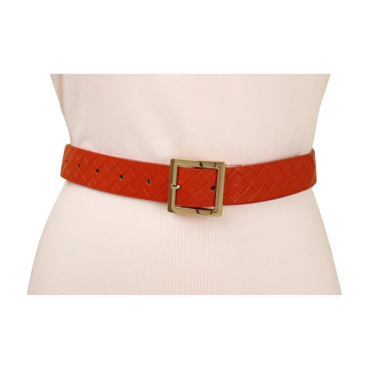 Women Orange Basket Weave Skinny Belt Gold Metal Square Buckle Size S M