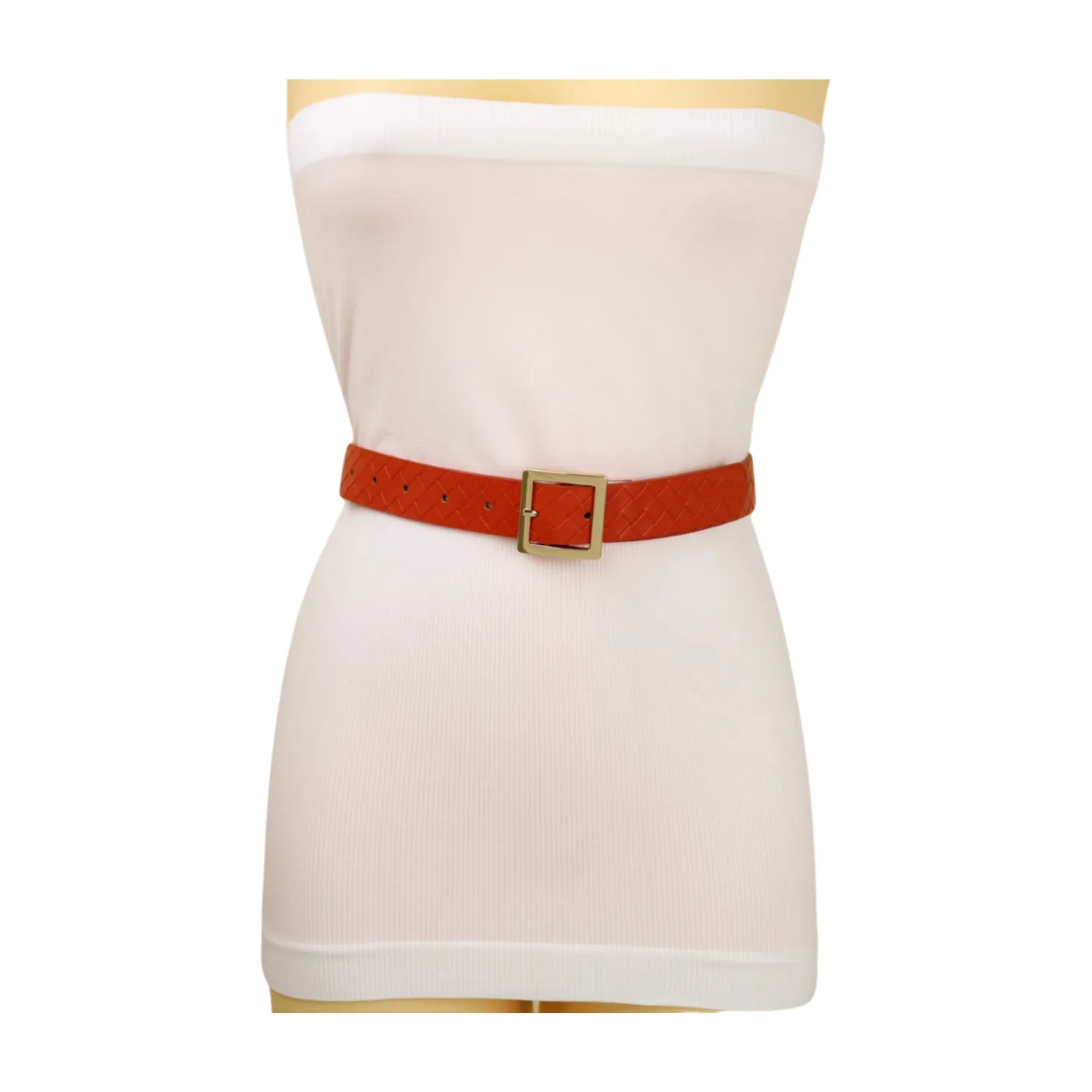 Women Orange Basket Weave Skinny Belt Gold Metal Square Buckle Size S M