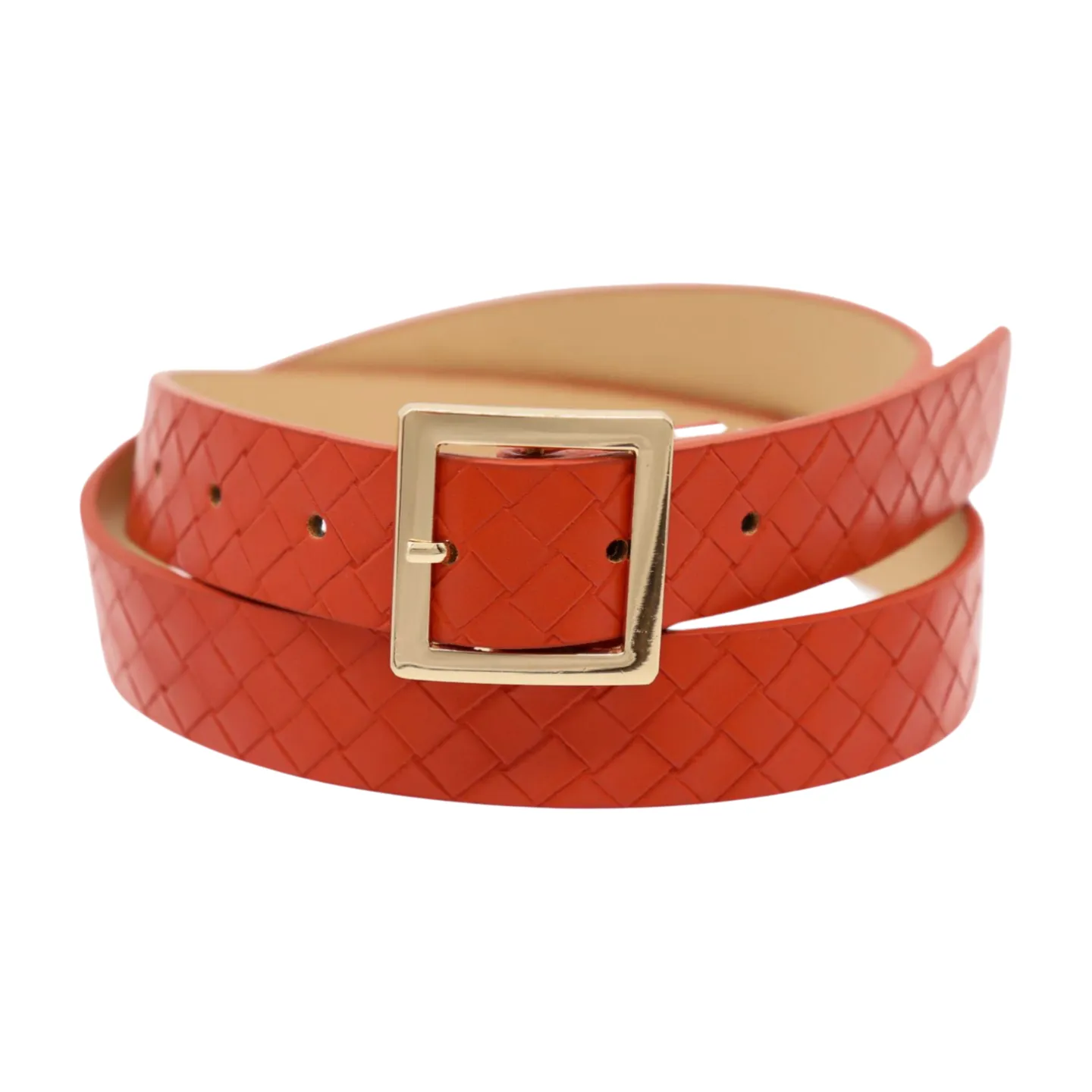 Women Orange Basket Weave Skinny Belt Gold Metal Square Buckle Size S M
