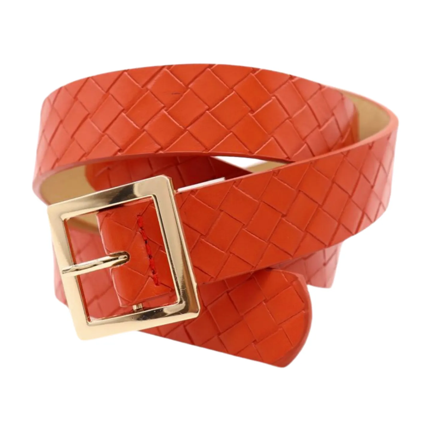 Women Orange Basket Weave Skinny Belt Gold Metal Square Buckle Size S M