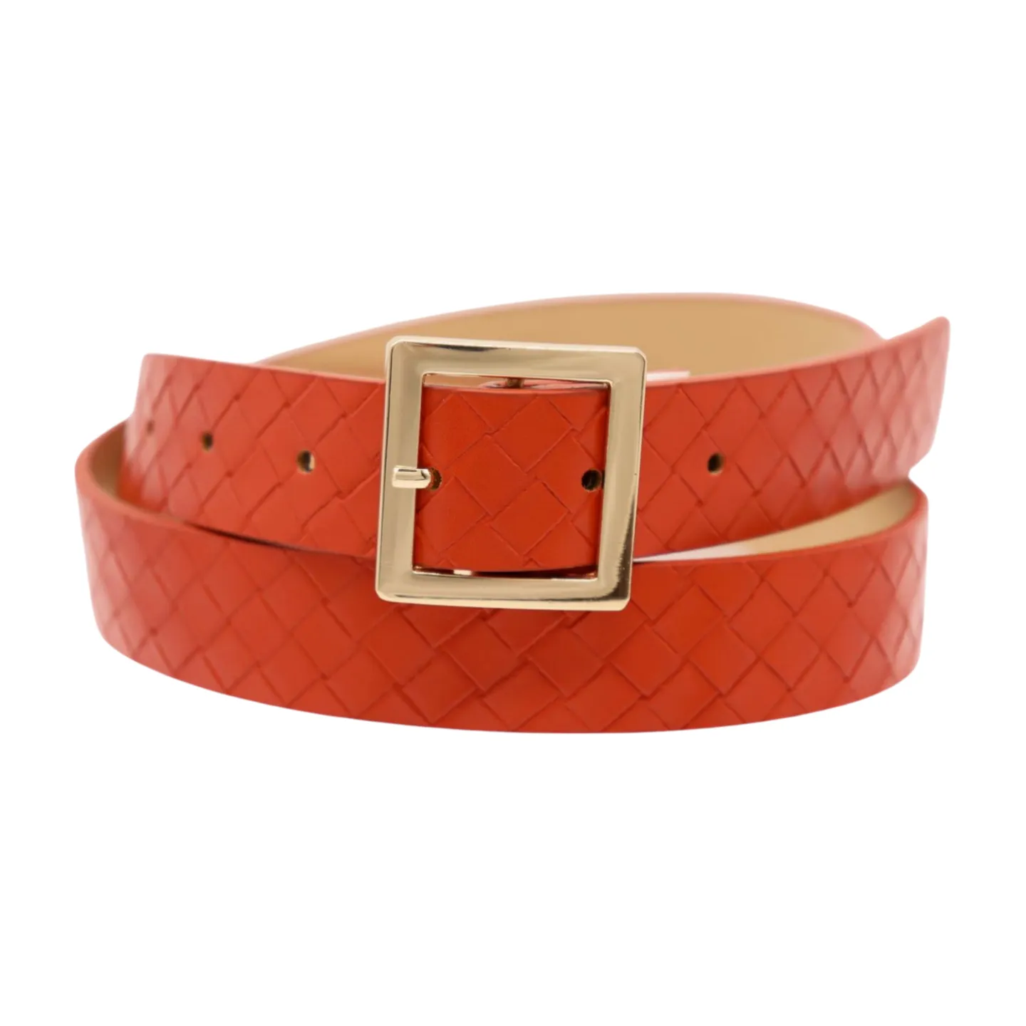 Women Orange Basket Weave Skinny Belt Gold Metal Square Buckle Size S M