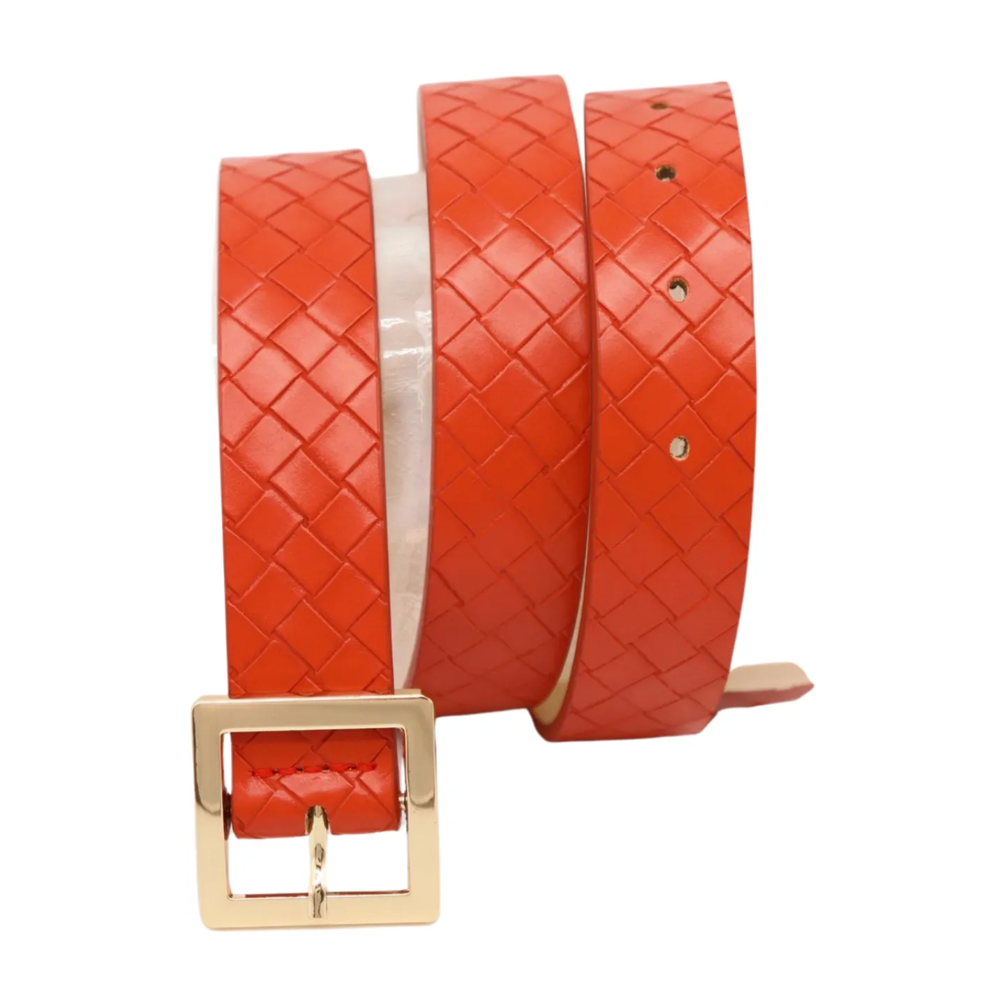 Women Orange Basket Weave Skinny Belt Gold Metal Square Buckle Size S M