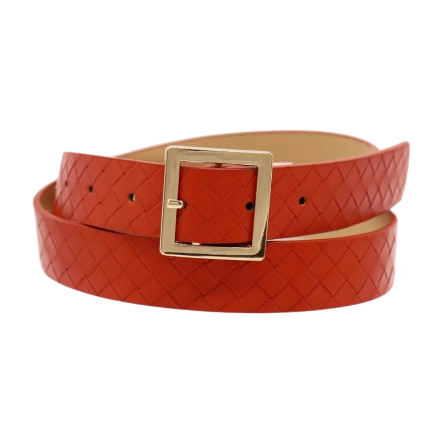 Women Orange Basket Weave Skinny Belt Gold Metal Square Buckle Size S M