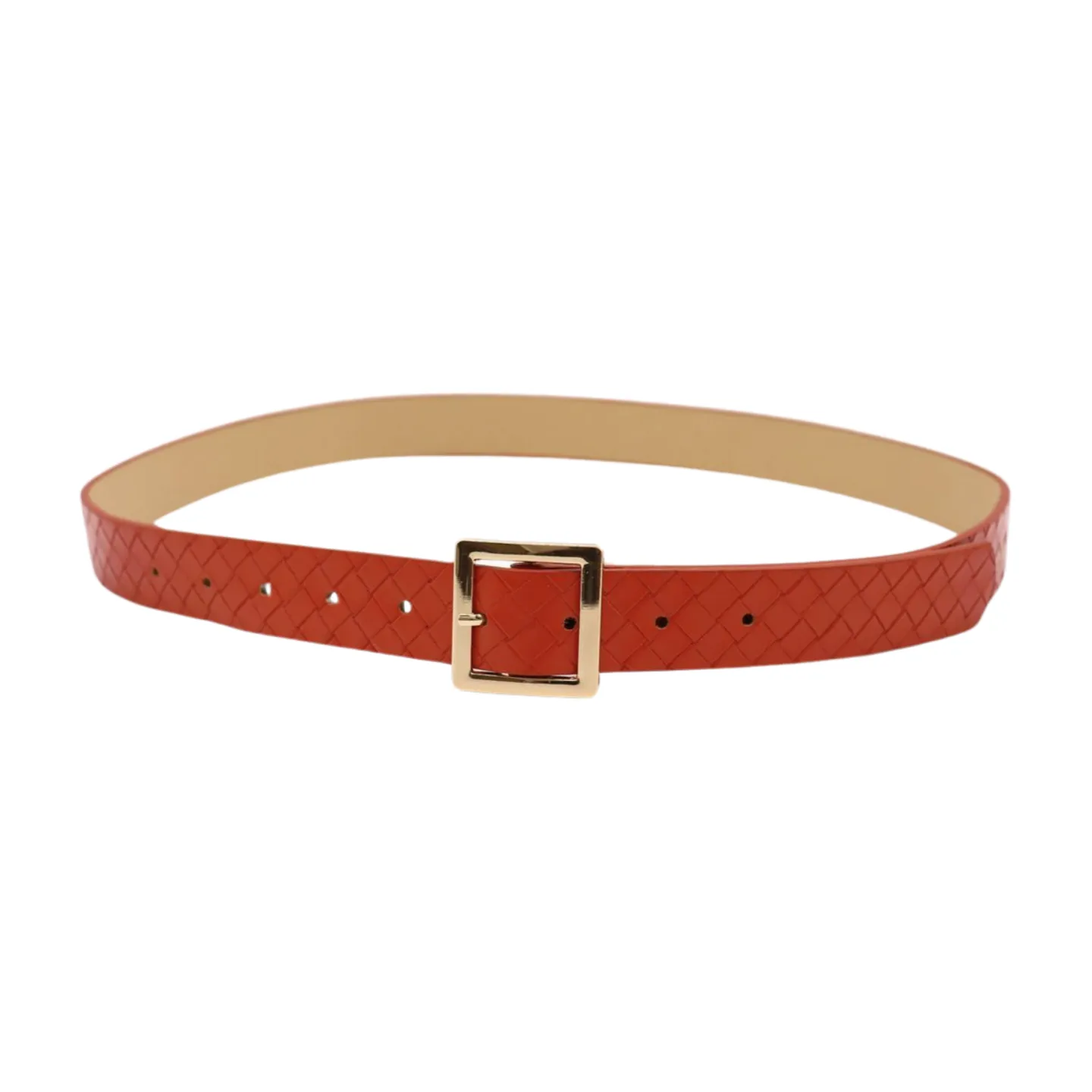 Women Orange Basket Weave Skinny Belt Gold Metal Square Buckle Size S M