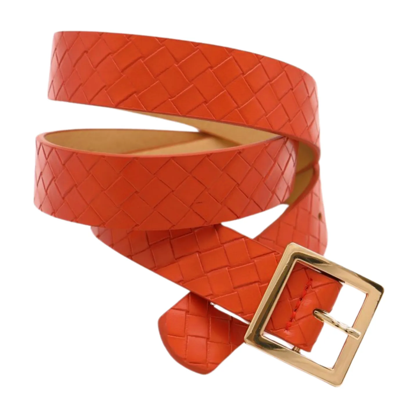 Women Orange Basket Weave Skinny Belt Gold Metal Square Buckle Size S M
