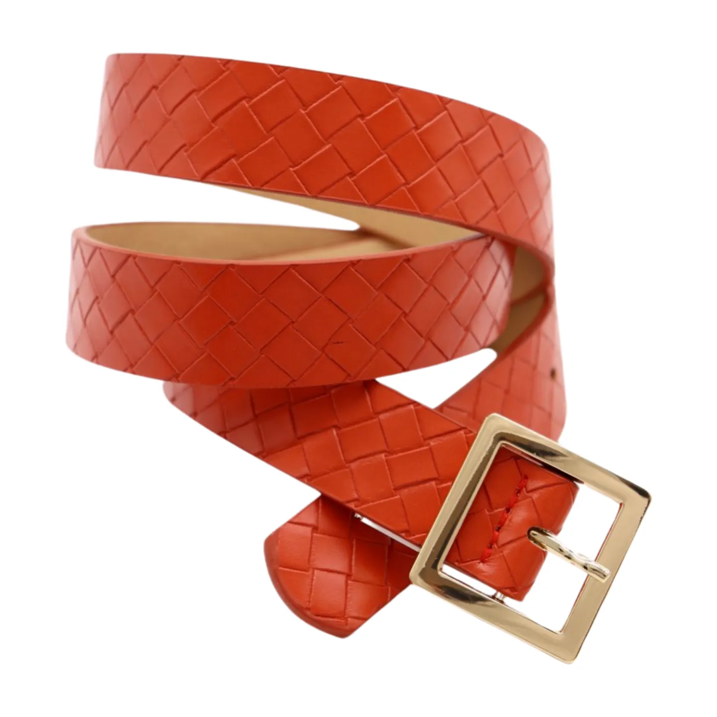 Women Orange Basket Weave Skinny Belt Gold Metal Square Buckle Size S M