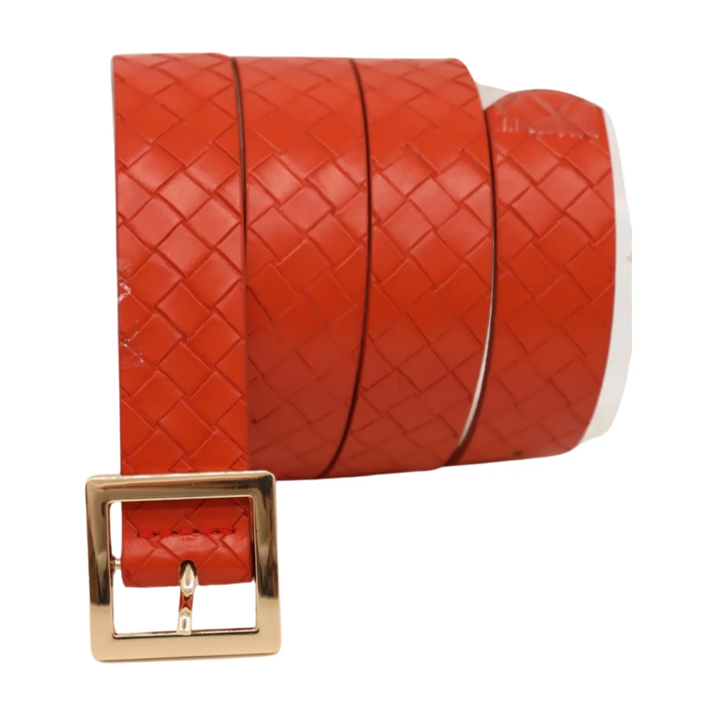 Women Orange Basket Weave Skinny Belt Gold Metal Square Buckle Size S M