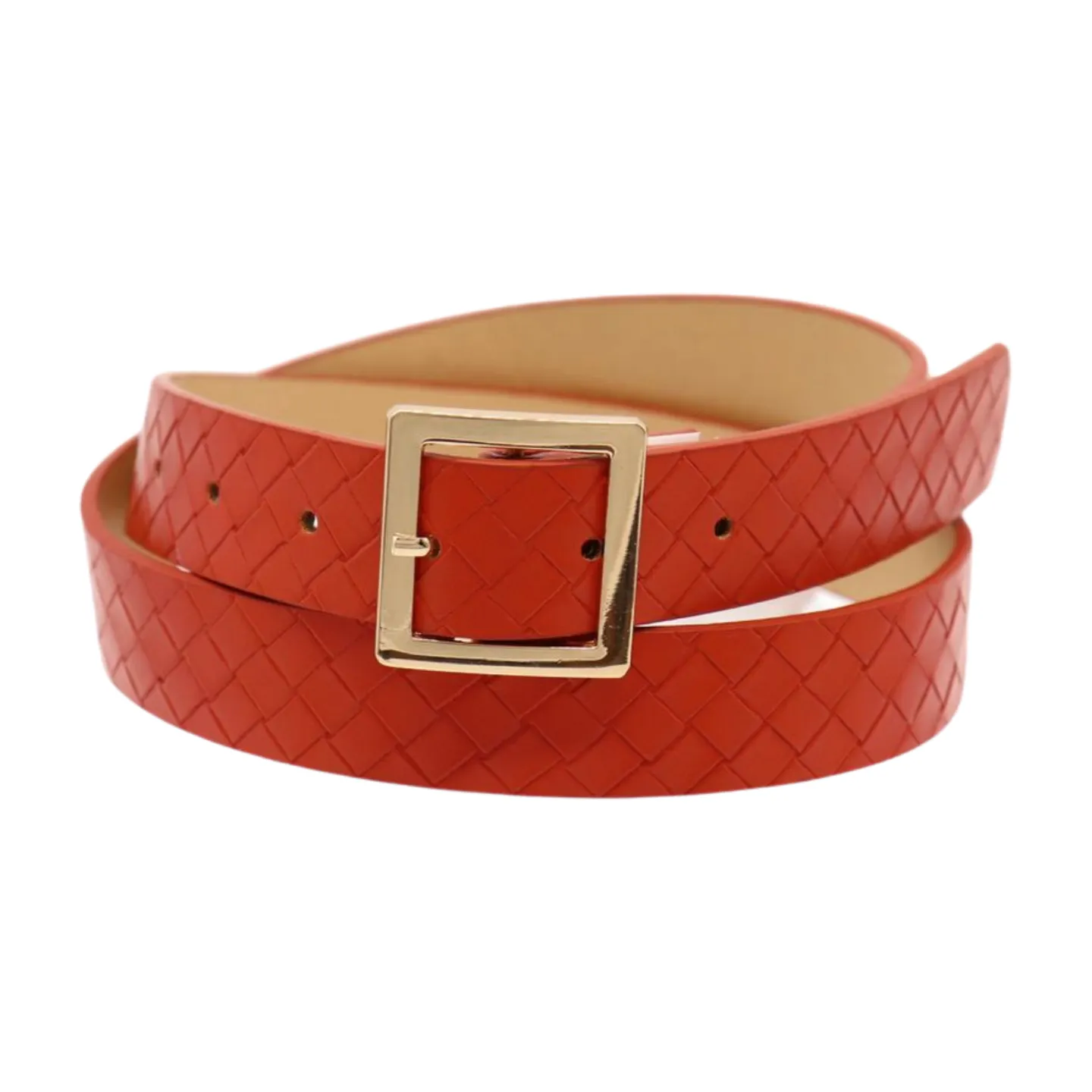 Women Orange Basket Weave Skinny Belt Gold Metal Square Buckle Size S M