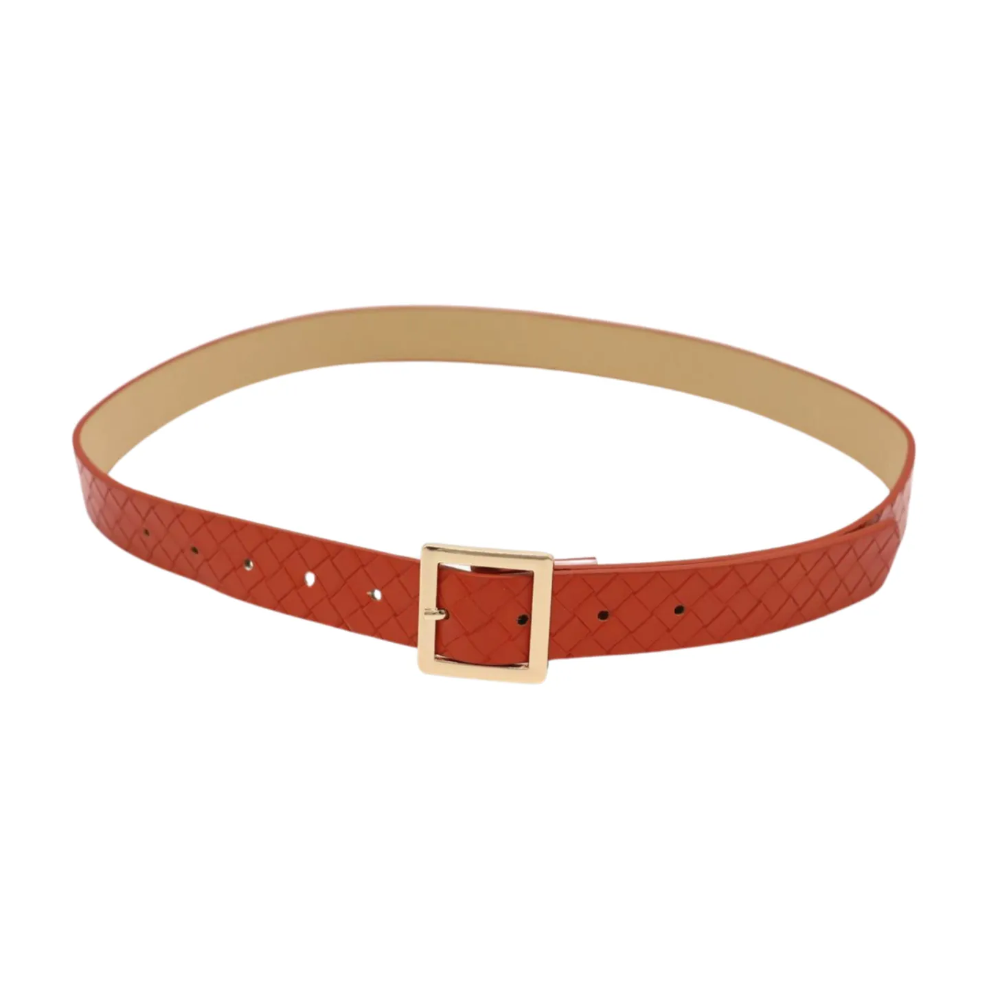 Women Orange Basket Weave Skinny Belt Gold Metal Square Buckle Size S M