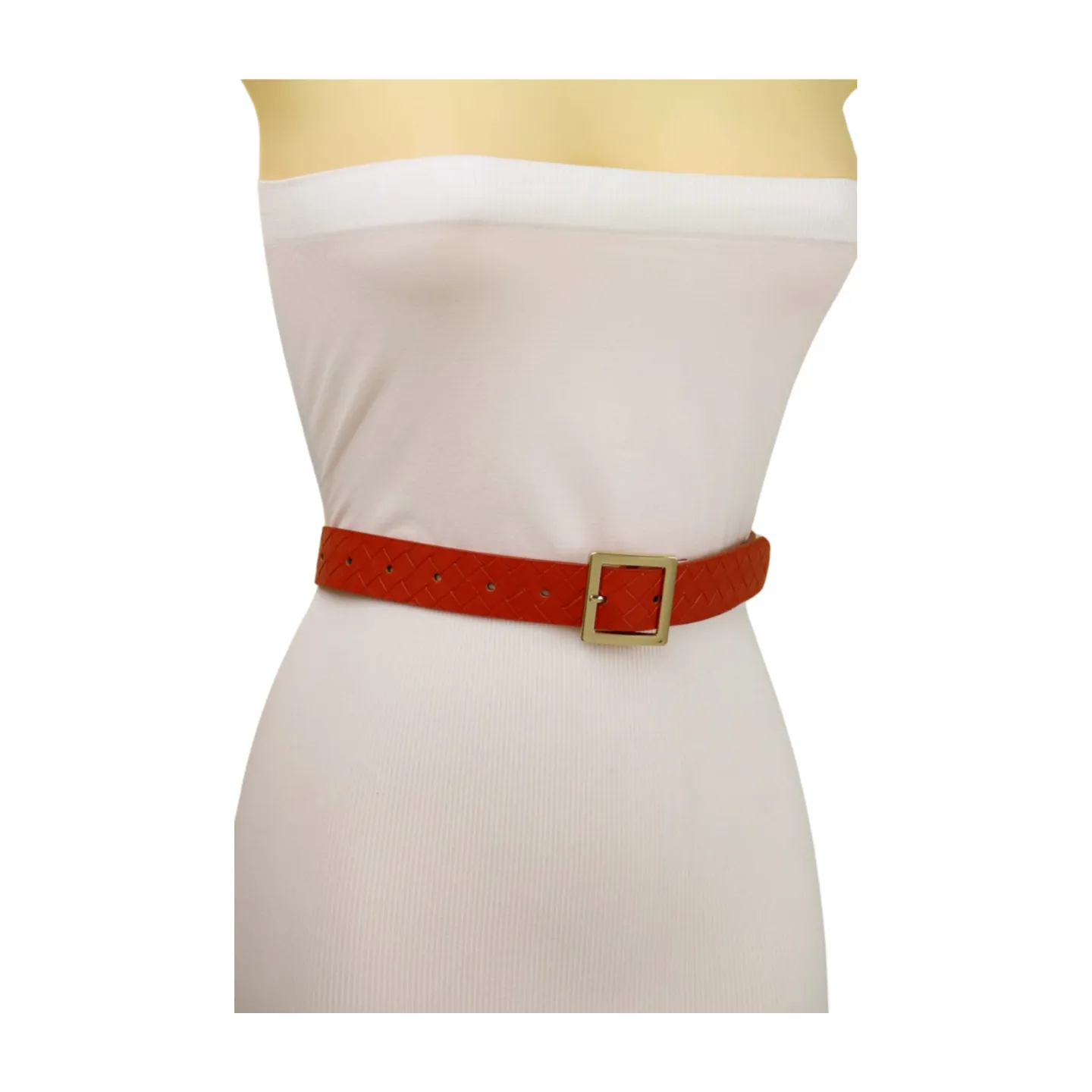 Women Orange Basket Weave Skinny Belt Gold Metal Square Buckle Size S M