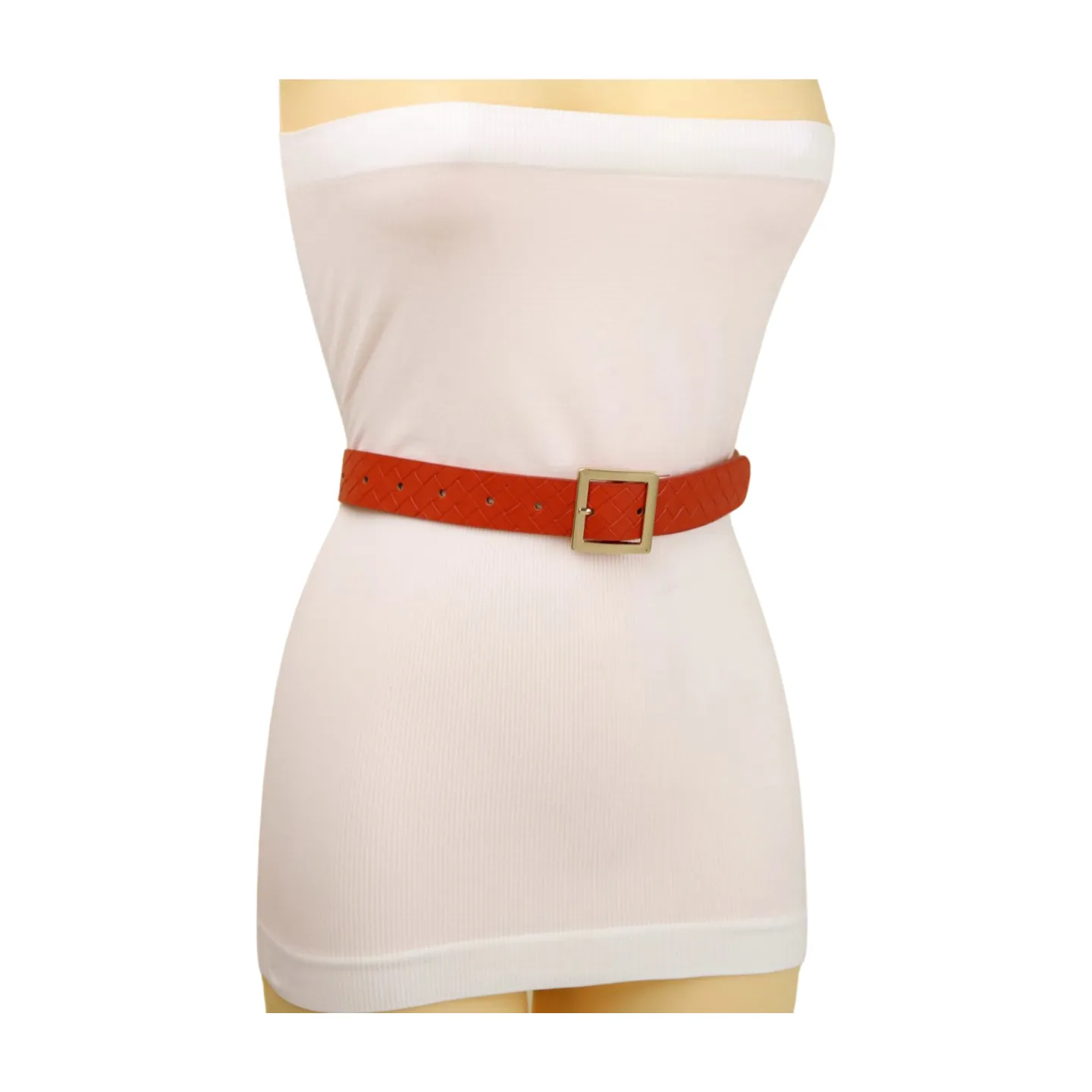 Women Orange Basket Weave Skinny Belt Gold Metal Square Buckle Size S M