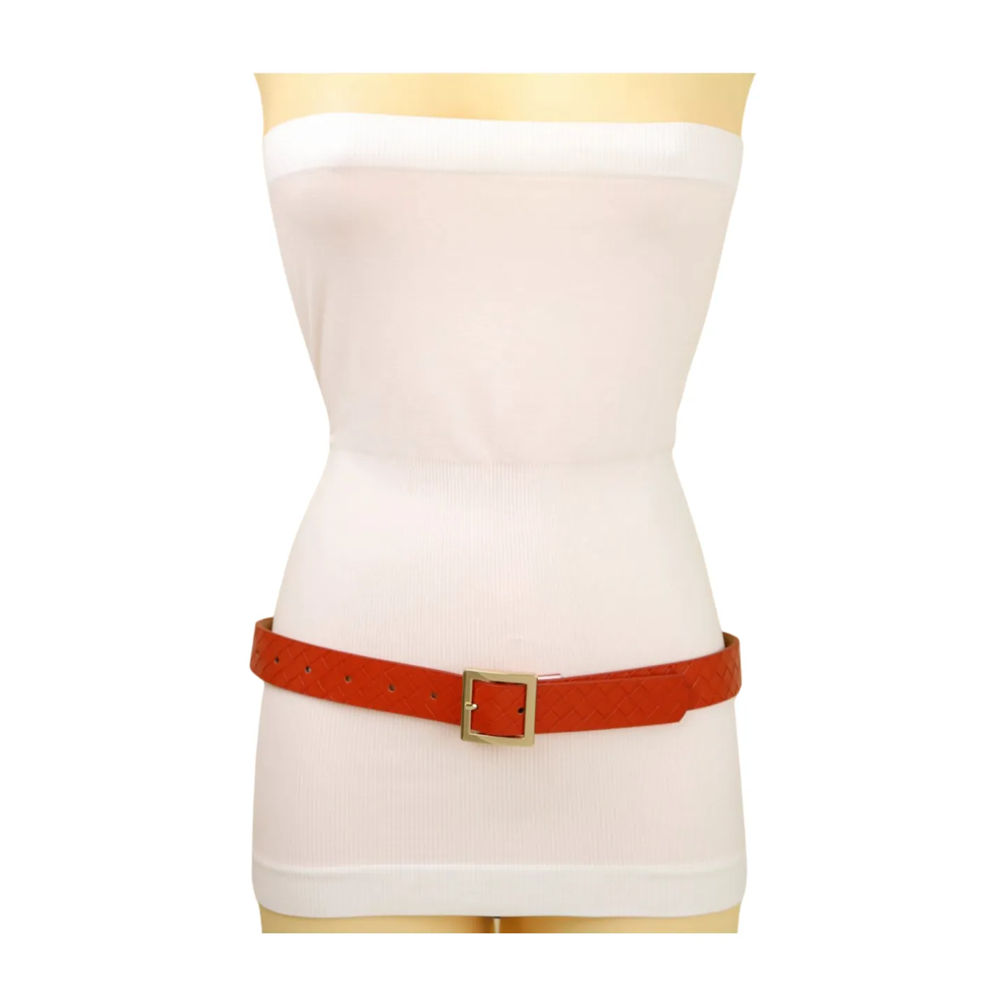Women Orange Basket Weave Skinny Belt Gold Metal Square Buckle Size S M