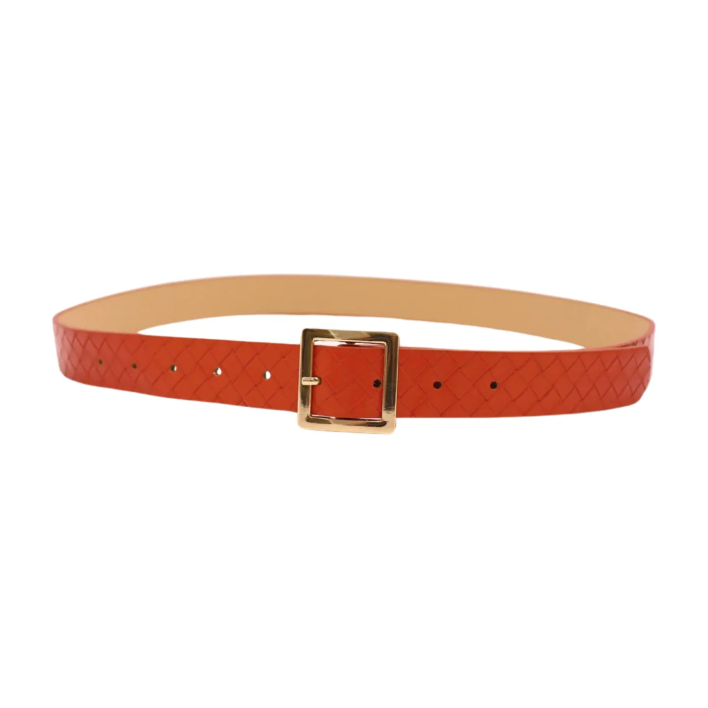 Women Orange Basket Weave Skinny Belt Gold Metal Square Buckle Size S M
