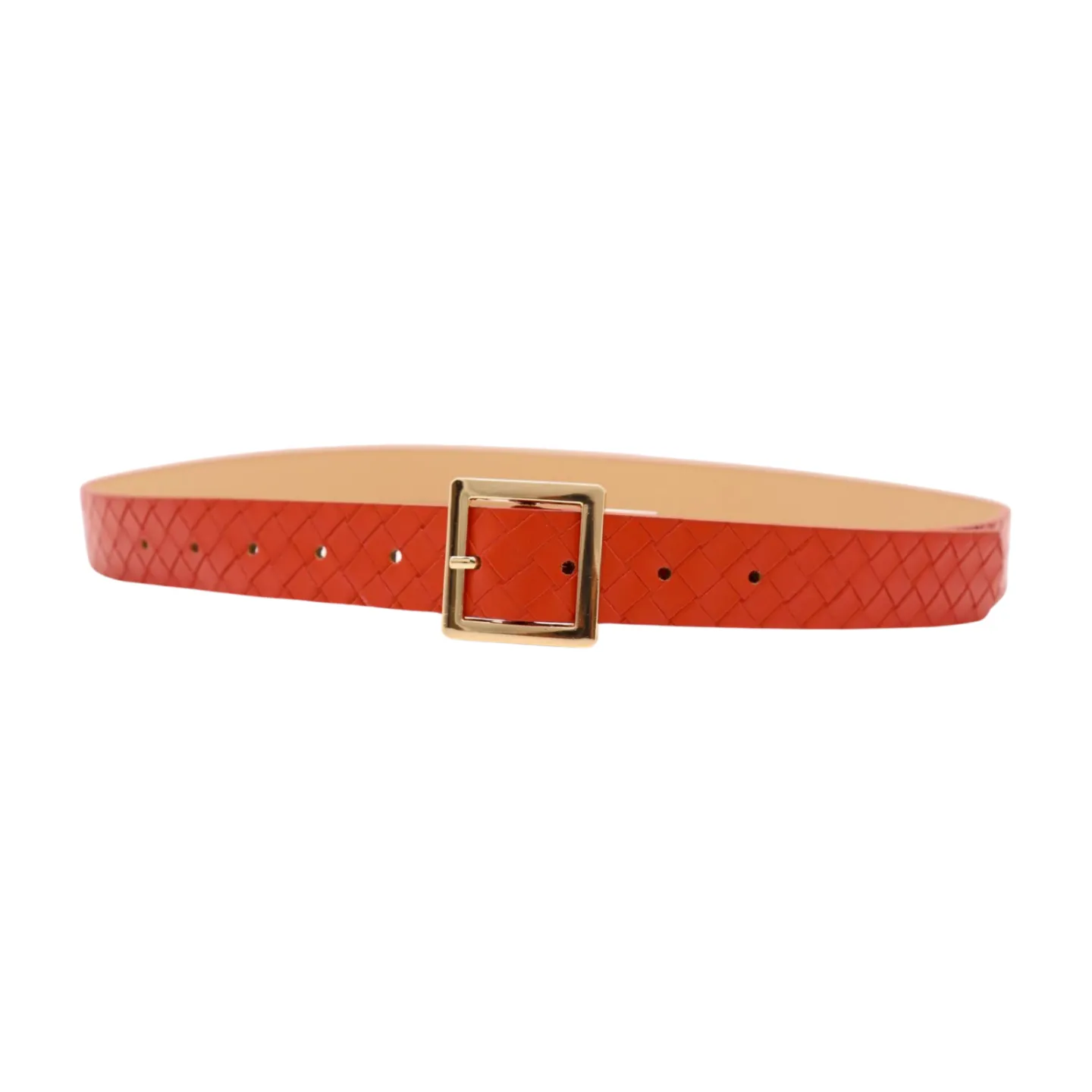 Women Orange Basket Weave Skinny Belt Gold Metal Square Buckle Size S M